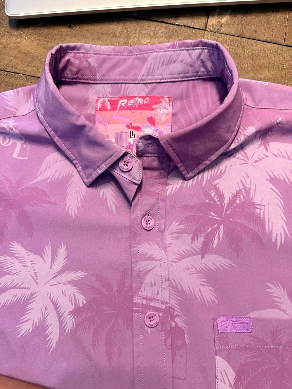 Retro Rifle Vice City Pink Palm Tree Revolver Button Down Shirt Mens L